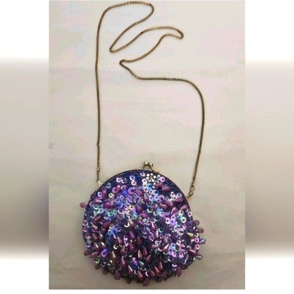 Vintage Sequin And Beaded Purple Small Evening Bag - Picture 1 of 12